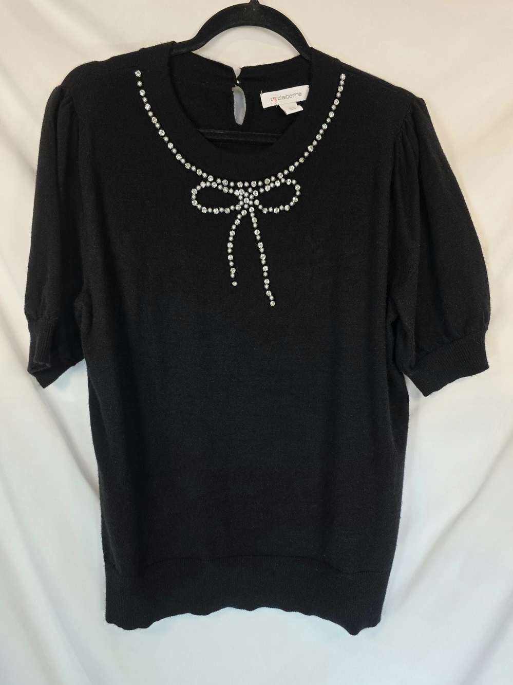 Liz Claiborne Black Sweater L Pearl Rhinestone Bow Soft Coquette Party Feminine